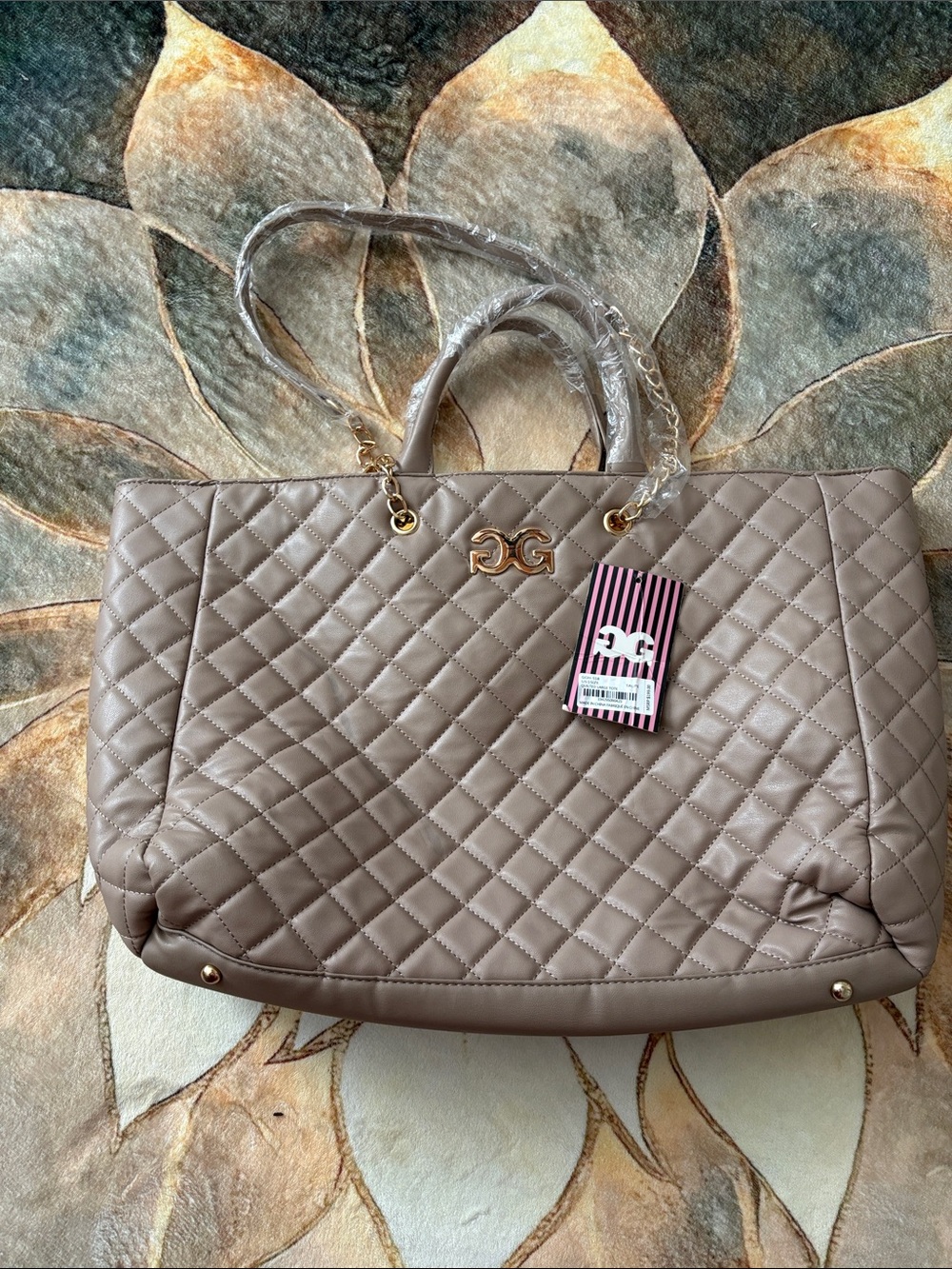 Quilted Taupe Tote with Gold Logo Hardware